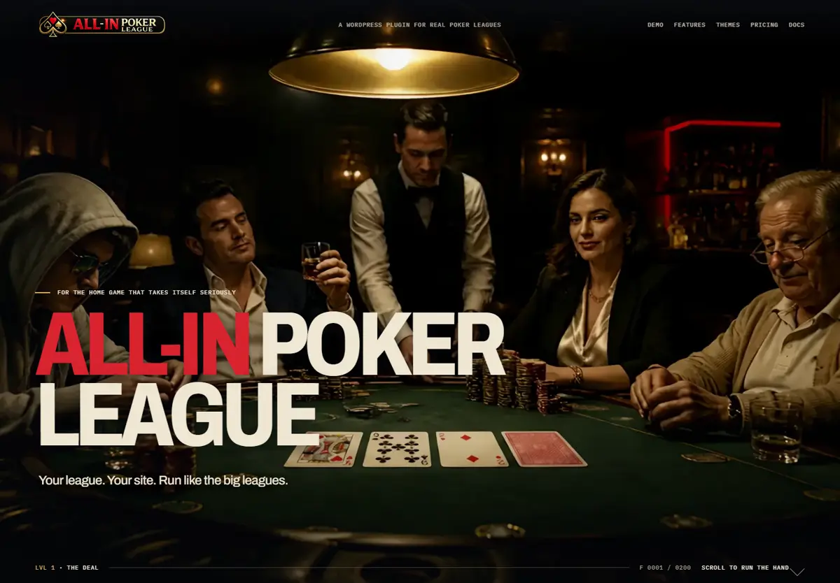 All-In Poker League homepage showing a lit poker table