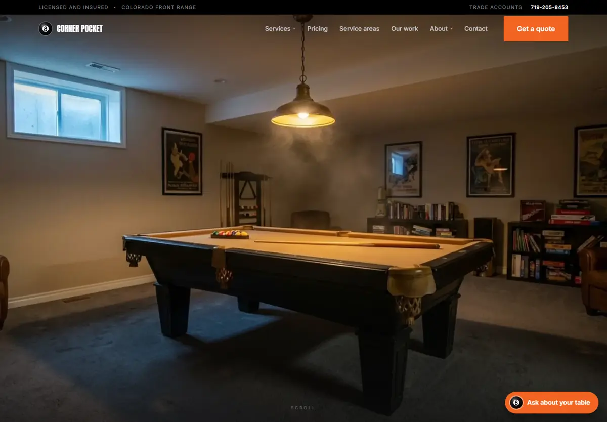 Corner Pocket homepage showing a lit pool table in a finished basement