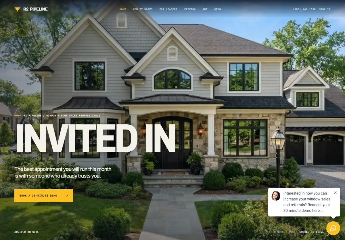 R2 Pipeline homepage with a large house photo behind the headline INVITED IN